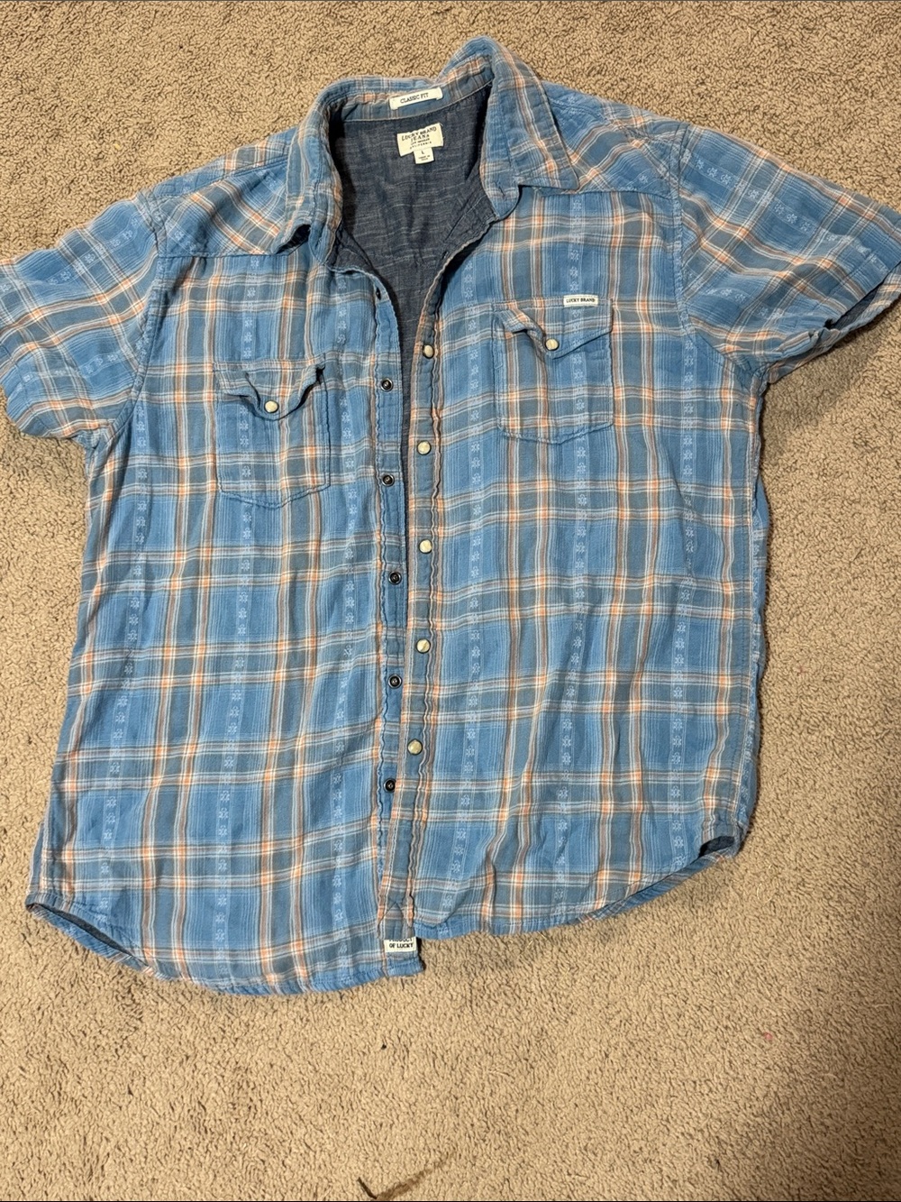 Lucky brand  Light Blue and Tan Plaid Short-Sleeve Button-Down Shirt